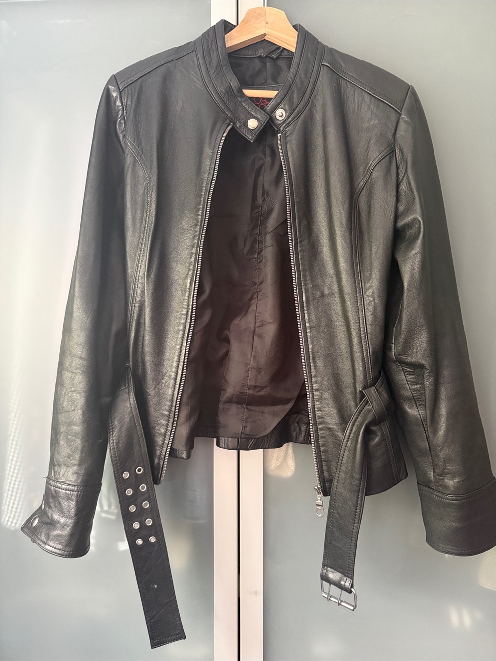 Classic Black Leather Moto Jacket with Belted Waist